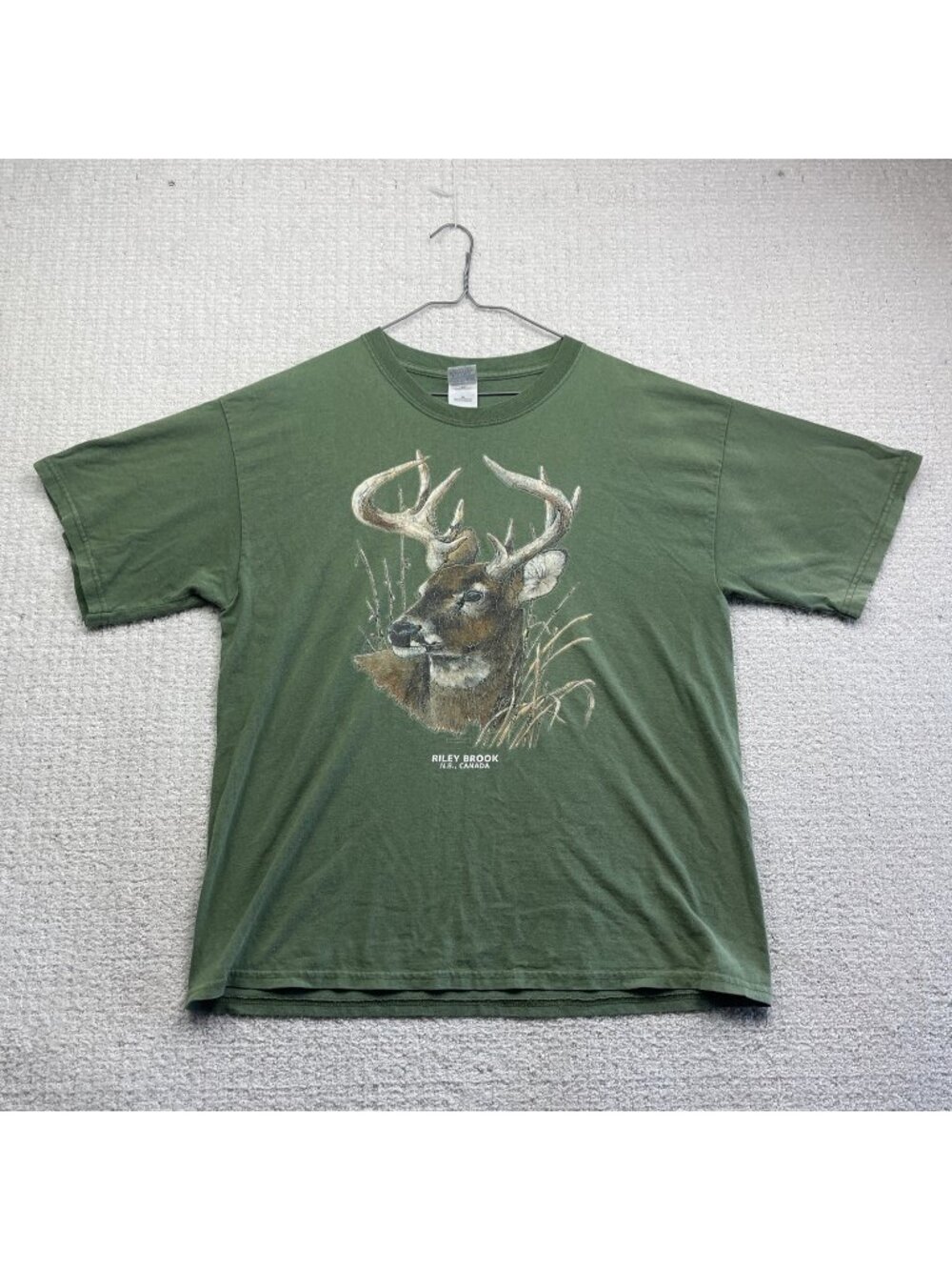 Vintage Deer Wildlife Graphic T-Shirt Mens XL Forest Green Riley Brook NB Canada